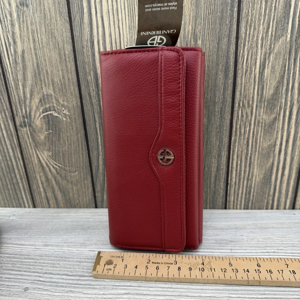 GIANI BERNINI Soft Pebble Leather Wallet Red Card Holder Snap Closure New